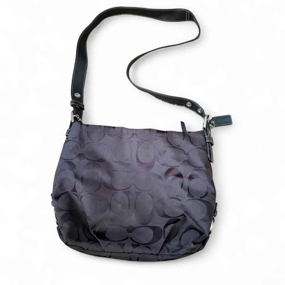 Coach F15067 Signature C Jacquard Hobo Shoulder Bag Black Leather Trim Purse